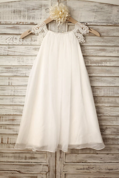 Lace Cap Sleeves Boho Beach Ivory Chiffon Flower Girl Dress