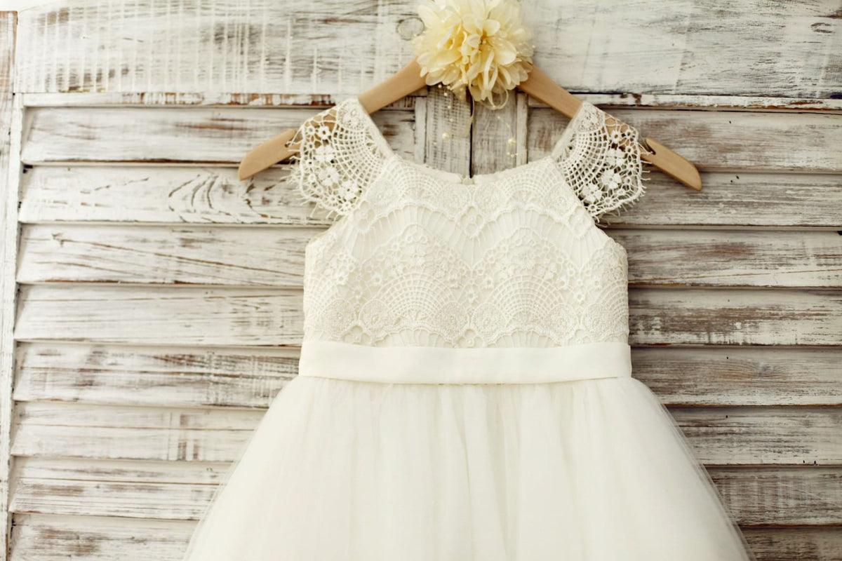 Lace Cap Sleeves Ivory Tulle TUTU Flower Girl Dress - Princessly