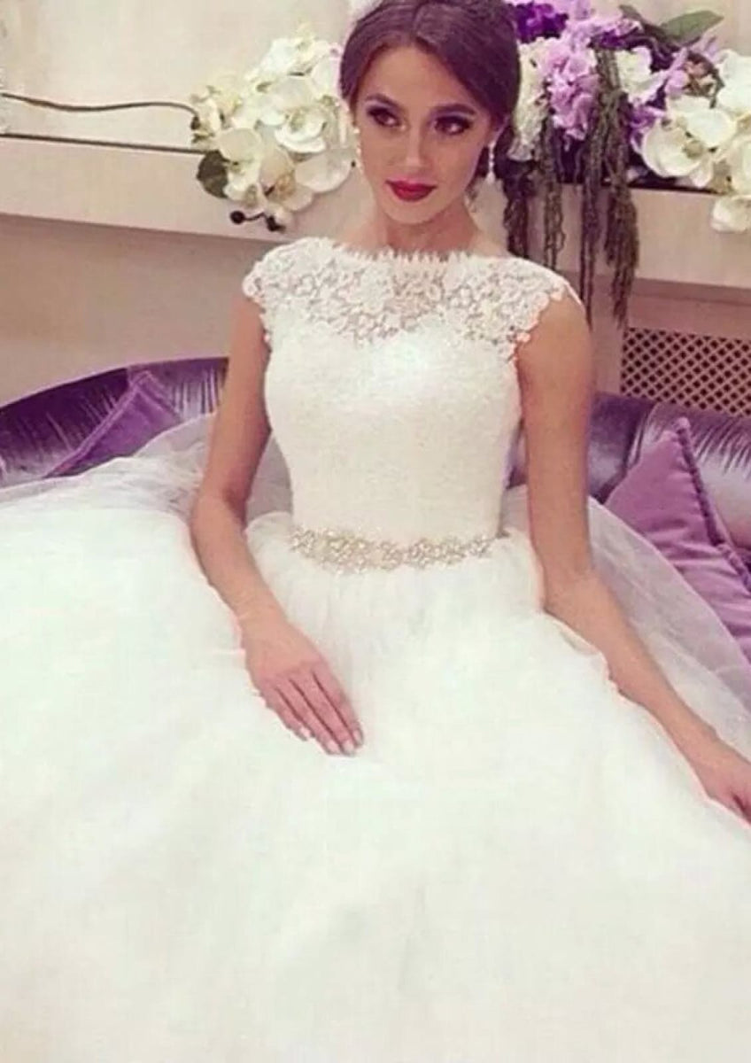 Ball Gown Bateau Cap Sleeve Sweep Lace Tulle Wedding Dress