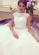 Lace Tulle Bateau Button Ball Gown Bridal Wedding Dress, Beading