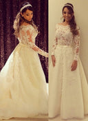 Lace Tulle A-Line Scalloped Court Wedding Dress, Sash Buttons