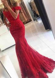 Lace Tulle Off Shoulder Sweep Train Long Mermaid Formal Gown