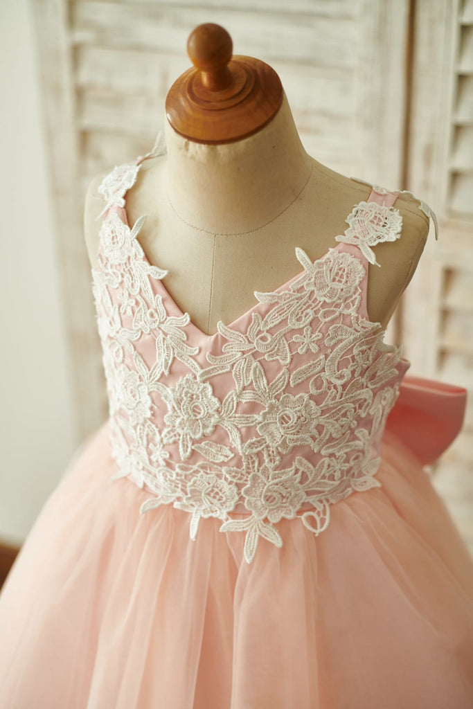 Lace Tulle Spaghetti Straps Wedding Flower Girl Dress Bow