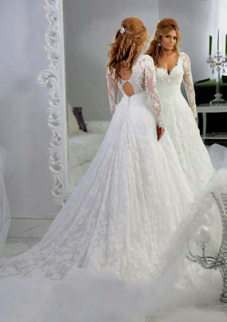 Lace Wedding Dress A-Line Chapel Keyhole Back Long Sleeve - 