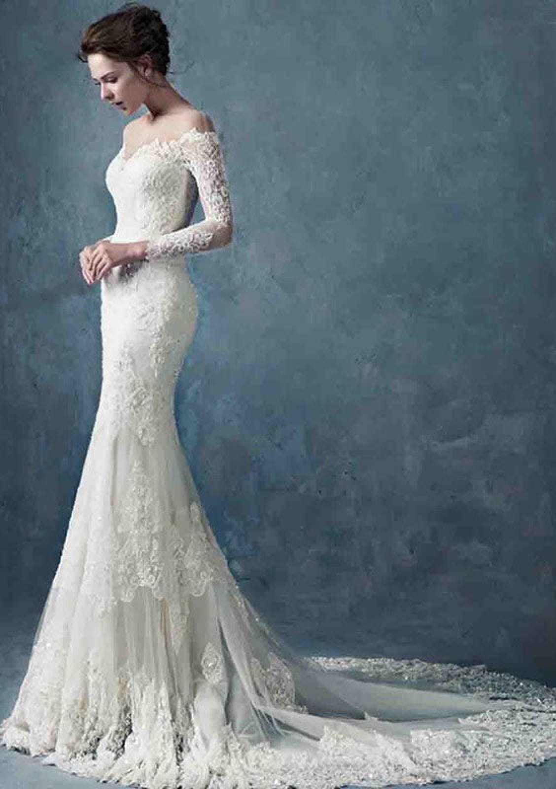 long sleeve lace trumpet wedding dress Off The Shoulder Lace Long Sleeve Trumpet Mermaid Wedding Dress US2 / Pink