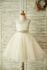 Heller Champagner / Elfenbein Spitze Tüll Sheer Back Hochzeit Blumenmädchenkleid, Gürtel - 2T / Sekt