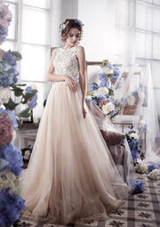 A-line V Back Tulle Sweep Train Sleeveless Wedding Dress 