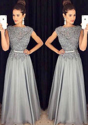 A-line Bateau Beaded Floor Length Silver Grey Chiffon