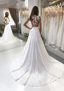 A-Line Bateau Floor Length Court Chiffon Wedding Dress, Lace
