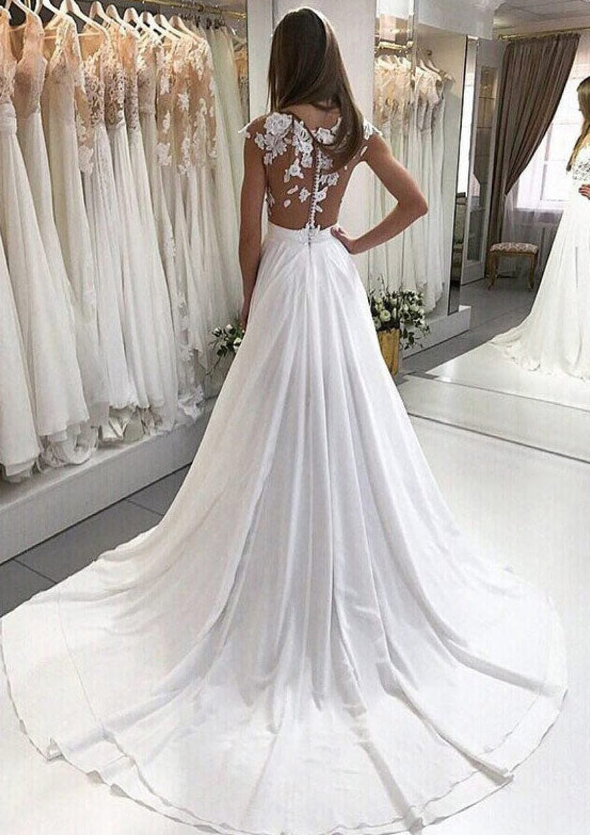 A-Line Bateau Floor Length Court Chiffon Wedding Dress, Lace - Princessly
