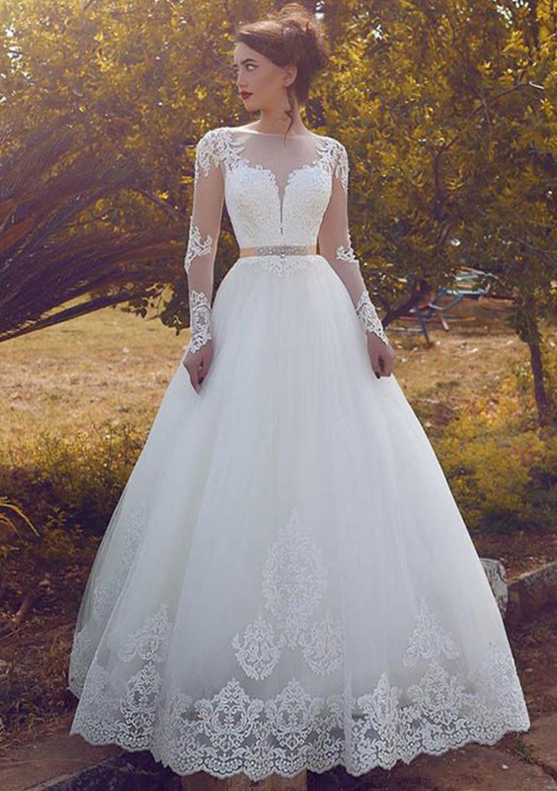Vestido de novia evasé Bateau Illusion Manga larga Encaje Tul, Cintura -  Princessly, image size:1128x1600