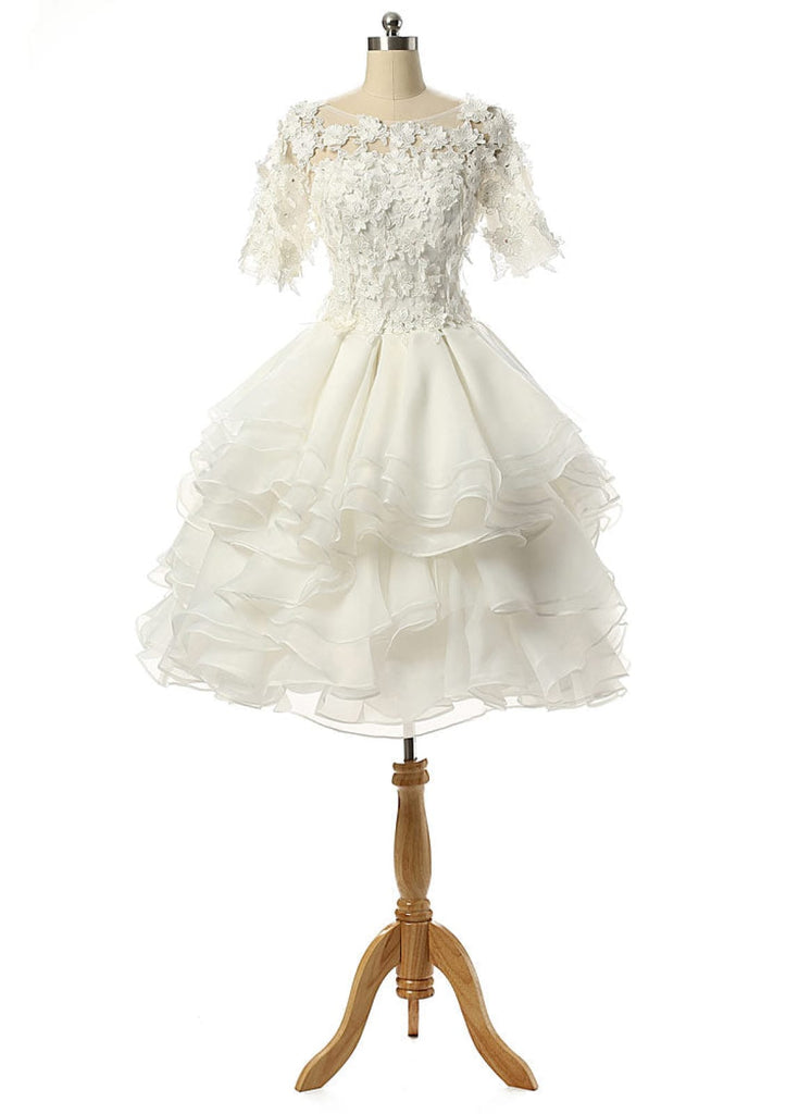 A-Line Bateau Knee Length Organza Wedding Dress Flowers - 