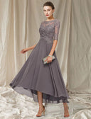 A-line Bateau Neck Lace Chiffon Hi Low Half Sleeve Mother of Bride Dress