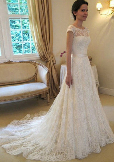 A-line Bateau Cap Sleeve Court Lace Bridal Gown Wedding 