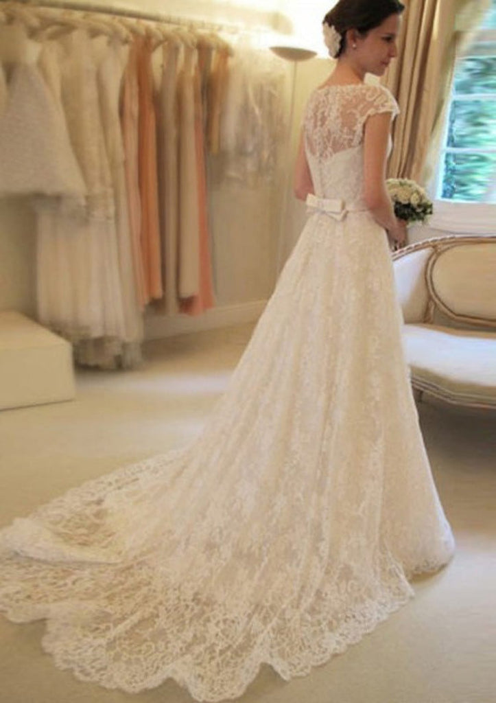 A-line Bateau Cap Sleeve Court Lace Bridal Gown Wedding 