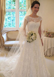 A-line Bateau Cap Sleeve Court Lace Bridal Gown Wedding 