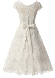 A-line Bateau Cap Sleeve Tea-Length Lace Wedding Dress Sash 