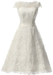 A-line Bateau Cap Sleeve Tea-Length Lace Wedding Dress Sash 