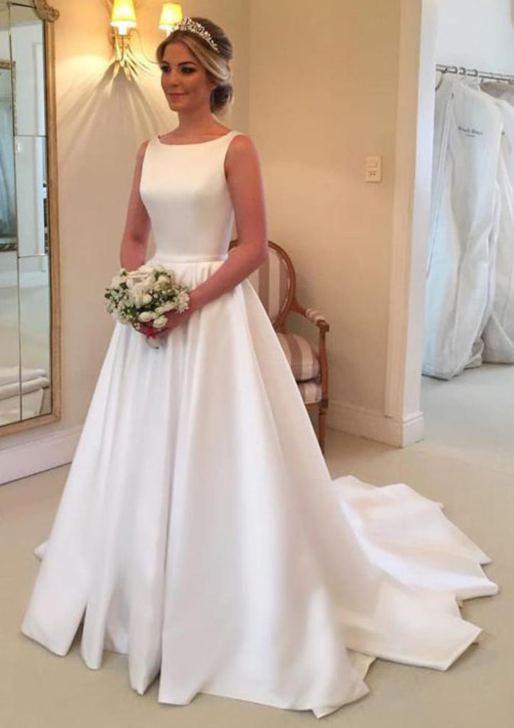 satin wedding dress sleeveless DKZQQ Wedding Dresses for Bride Simple Satin Off Shoulder Sleeveless Beach Bridal Gown with Train Ivory Size 2 at Amazon Women's Clothing store