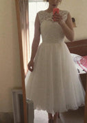 A-line Bateau Sleeveless Tea-Length Lace Organza Wedding Dress, Buttons
