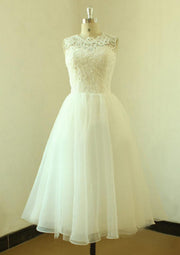 A-line Bateau Sleeveless Tea-Length Lace Organza Wedding 