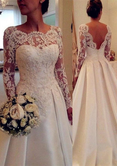 A-line Batuea Lace Long Sleeve V Back Chapel Satin Wedding 