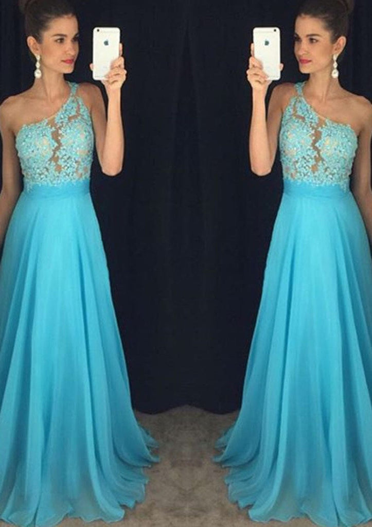 A-line Beaded Lace One Shoulder Sleeveless Blue Chiffon Prom