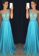 A-line Beaded Lace One Shoulder Sleeveless Blue Chiffon Prom Dress