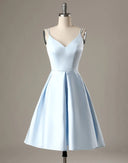 Синее атласное платье трапециевидной формы с двойными лямками и V-образным вырезом на спине, свадебное платье для выпускного вечера