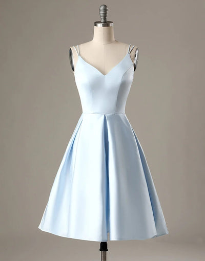 A-Line Blue Satin Double Straps V Back Homecoming Wedding 