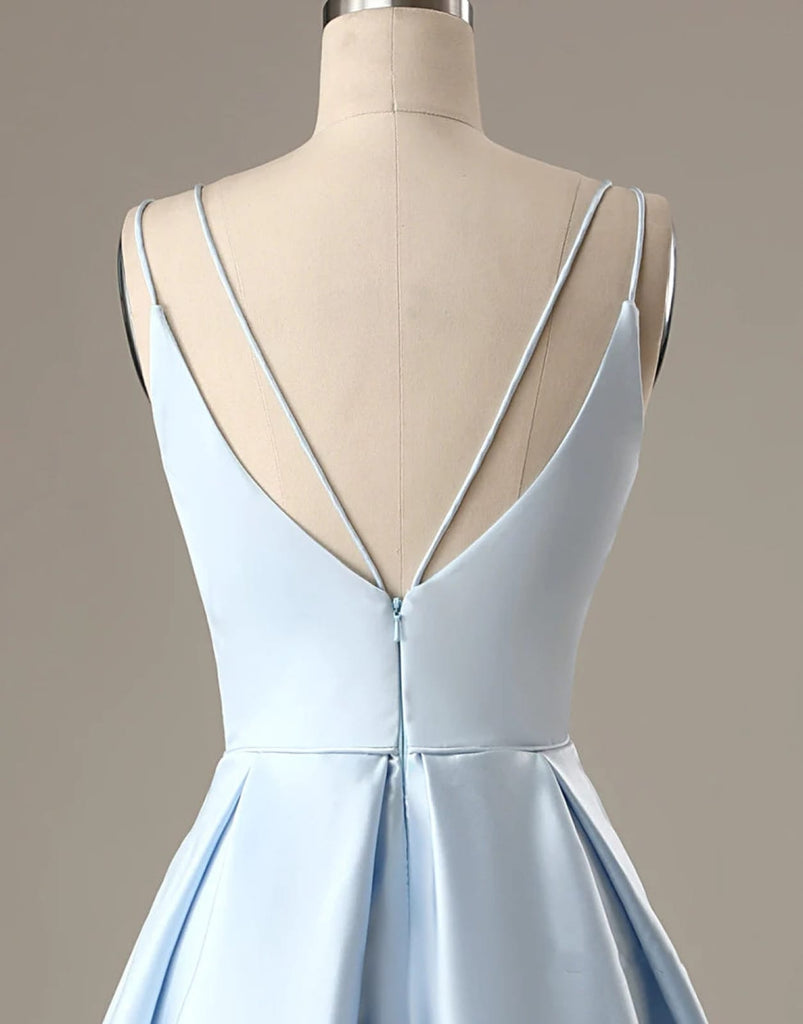 A-Line Blue Satin Double Straps V Back Homecoming Wedding 