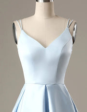 A-Line Blue Satin Double Straps V Back Homecoming Wedding 