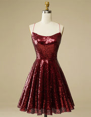 A-Line Burgundy Sequin Straps Backless Homecoming Wedding 