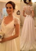 A-line Chiffon Floor-Length Lace Short Sleeve Wedding Dress, Button