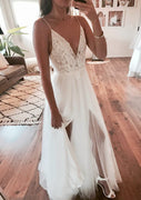 A-line Deep V Neck Spaghetti Strap Backless Lace Tulle Wedding Dress