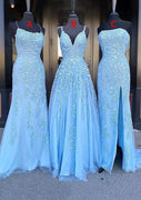А-силуэтное платье длиной до пола с лямками Небесно-голубое кружевное платье для выпускного вечера из тюля