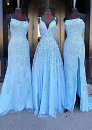 A-line Floor-Length Sleeveless Sky Blue Tulle Prom Dress 