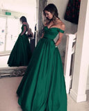 Vestido de festa de festa de formatura de casamento de cetim verde linha A fora do ombro