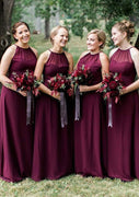 A-line Halter Neck Sleeveless Floor-Length Chiffon Wedding Party Bridesmaid Dress