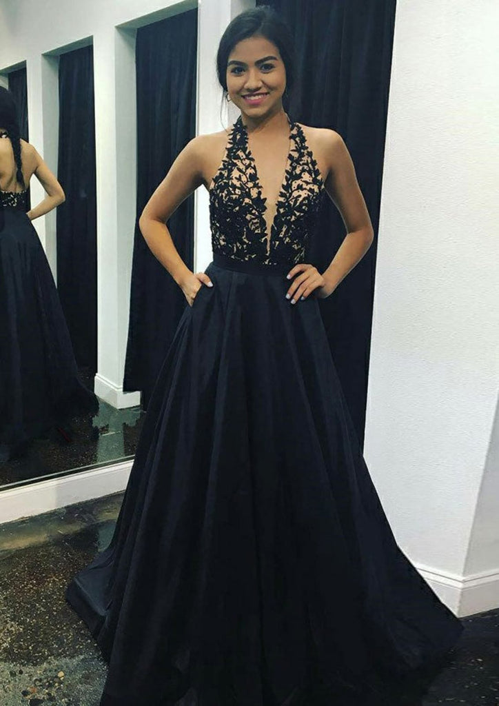 A-line Halter Plunging Sleeveless Floor-Length Charmeuse Black Prom Dress, Lace A-line Halter Plunging Sleeveless Floor-Length Charmeuse Black Prom Dress, Lace