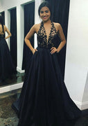 A-line Halter Plunging Sleeveless Floor-Length Charmeuse Black Prom Dress, Lace