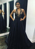 A-Linie Halter ärmellose bodenlangen Charmeuse schwarz Prom Kleid, Spitze