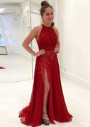 A-line Halter Sleeveless Floor Length Sweep Red Chiffon Prom Dress, Lace Split