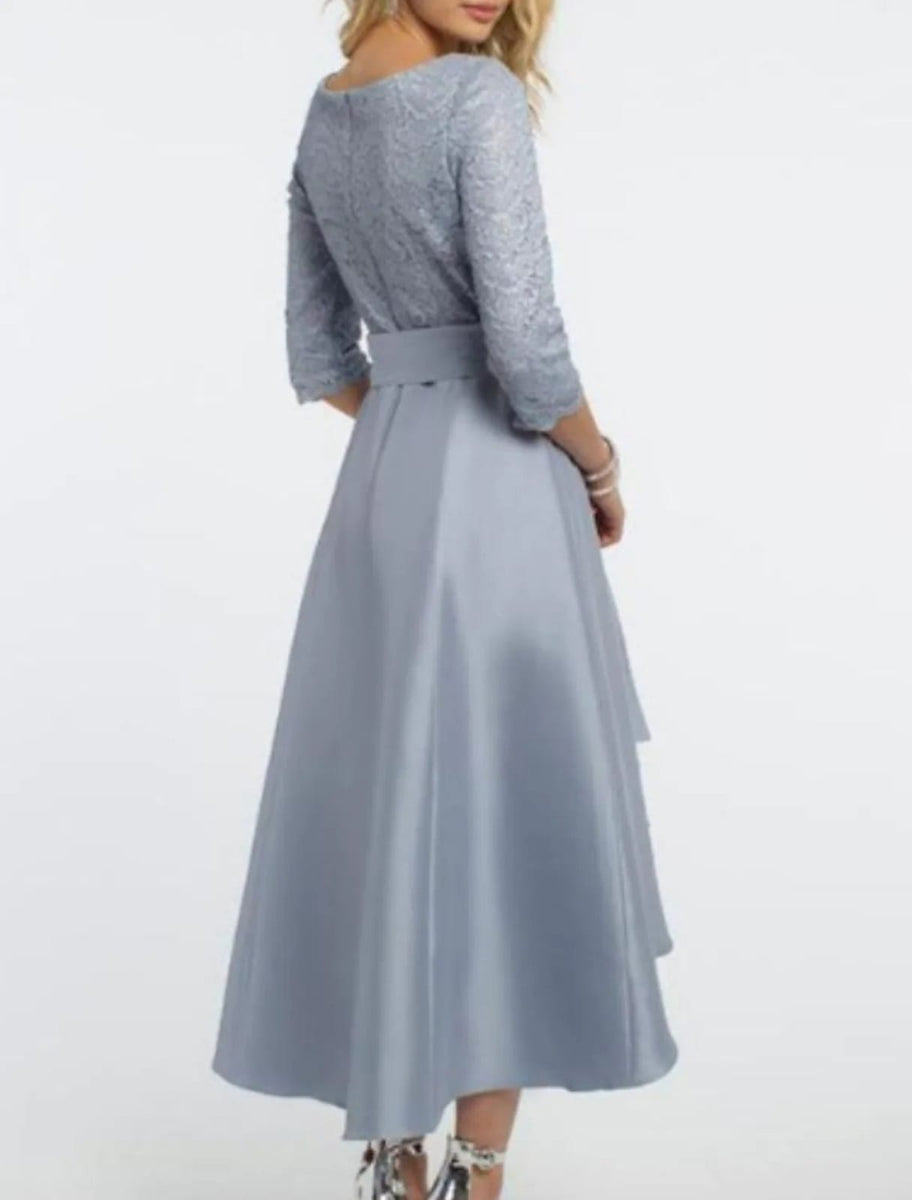 Lace 3/4 Sleeve Mother of the Bride Dresses Satin Midi Wedding Guest Gown with Belt