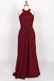 A-line High Halter Keyhole Burgundy Chiffon Long Bridesmaid 