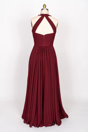 A-line High Halter Keyhole Burgundy Chiffon Long Bridesmaid 