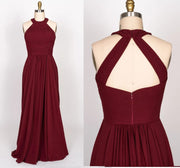 A-line High Halter Keyhole Burgundy Chiffon Long Bridesmaid 