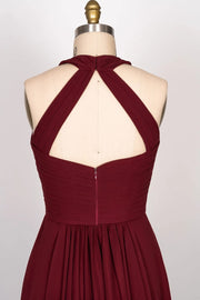 A-line High Halter Keyhole Burgundy Chiffon Long Bridesmaid 