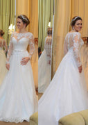 A-Line Illusion Chiffon Bateau Court Floor Length Wedding Dress, Lace