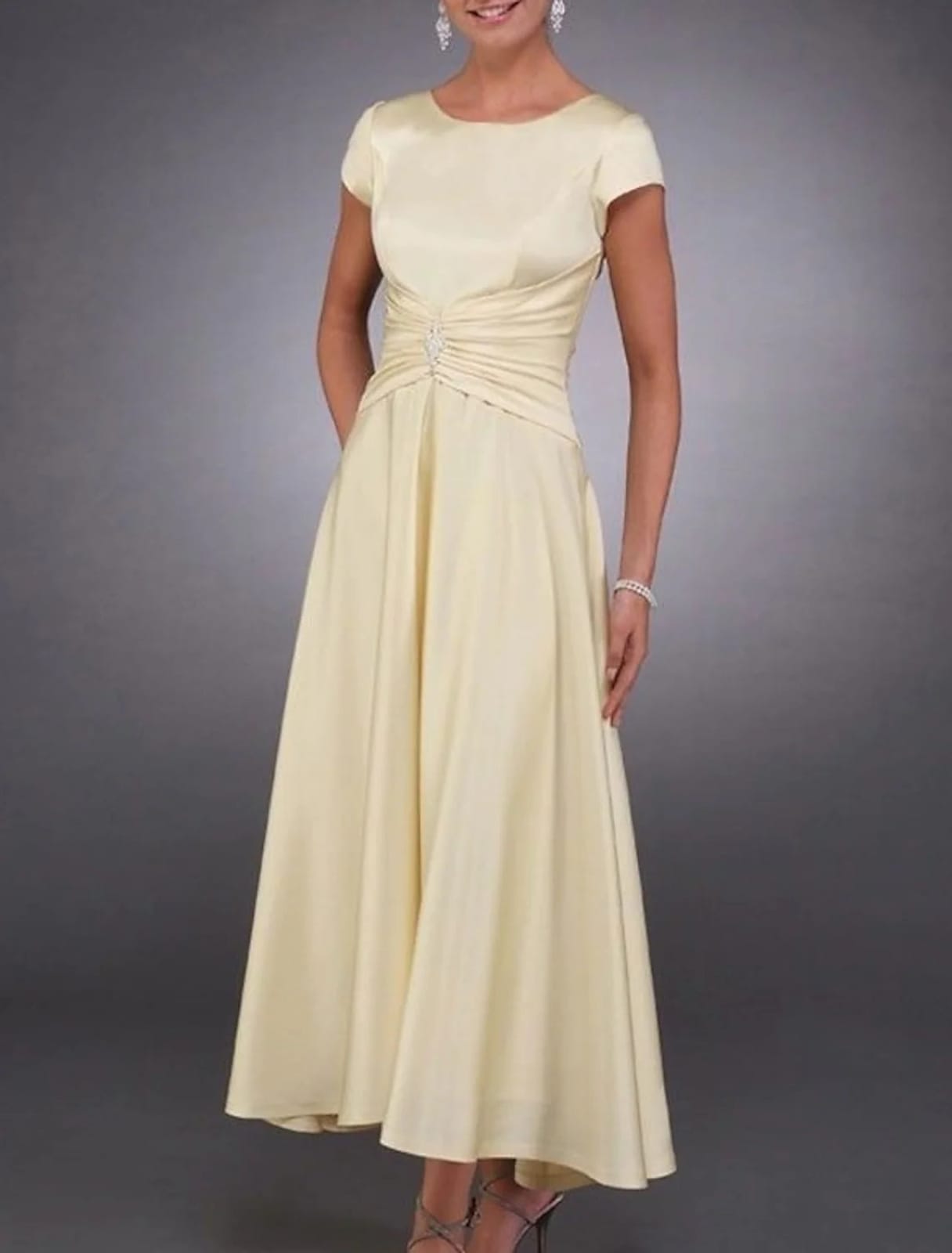 A-line Jewel Neck Short Sleeve Ankle Length Satin Mother of Bride Dres